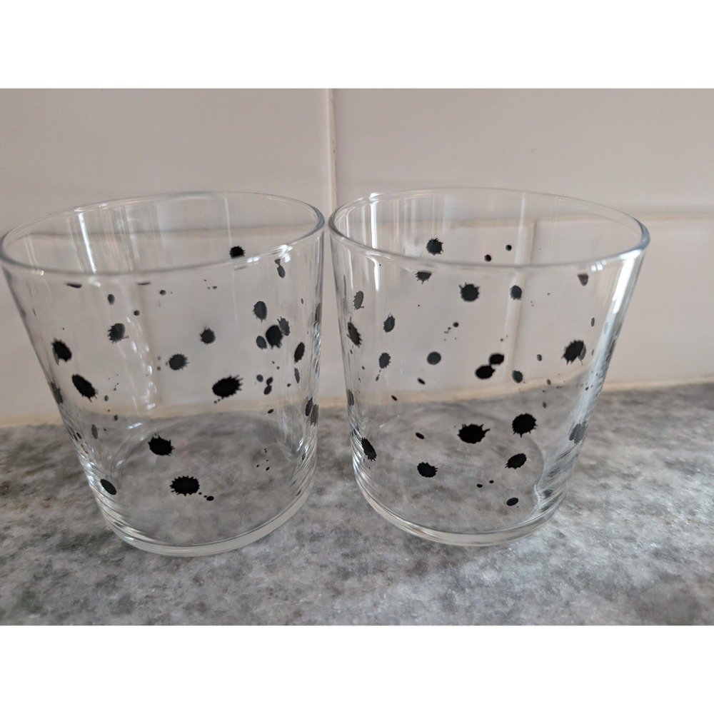 IKEA Cocktail Glasses Made in France (2) 3.5in Black Ink Splatter Design